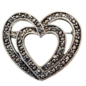 Vintage Silvertone Marcasite Double Heart Brooch